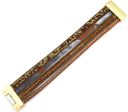 BC1868E - Bracelet Manchette Clous Brillants Chaînes Bande Simili Cuir Marron et Strass – Image 2