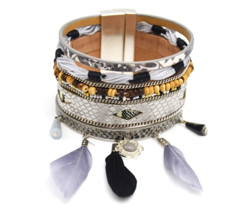 Bracelet-Manchette-Multi-Rangs-Ecailles-Perles-Bois-Rocaille-Fils-et-Charms-Plumes-Ethnique-Gris