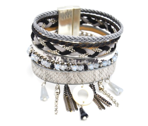 Bracelet-Manchette-Multi-Rangs-Ecailles-Perles-Tresses-avec-Charms-Nacre-Strass-Chaines-Gris