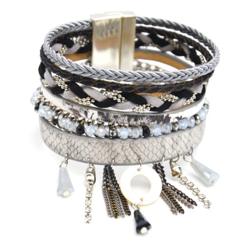Bracelet-Manchette-Multi-Rangs-Ecailles-Perles-Tresses-avec-Charms-Nacre-Strass-Chaines-Gris