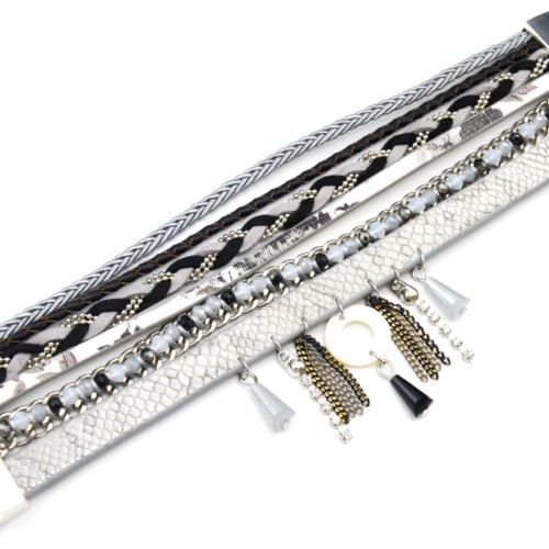 Bracelet-Manchette-Multi-Rangs-Ecailles-Perles-Tresses-avec-Charms-Nacre-Strass-Chaines-Gris