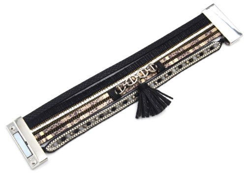 Bracelet-Manchette-Multi-Rangs-Ecailles-Python-Pierres-Brillantes-et-Pompon-Noir