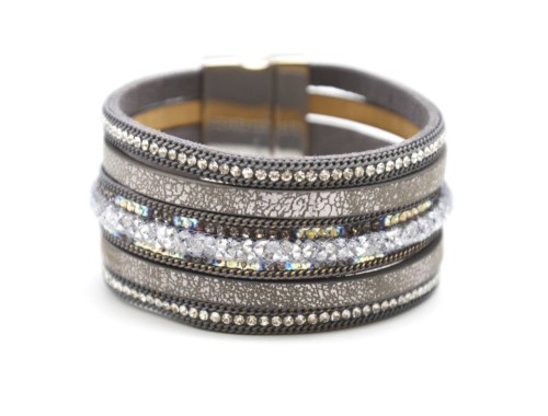 Bracelet-Manchette-Multi-Rangs-Simili-Cuir-Satine-Chaines-Strass-et-Tube-Resille-Cristaux-Gris