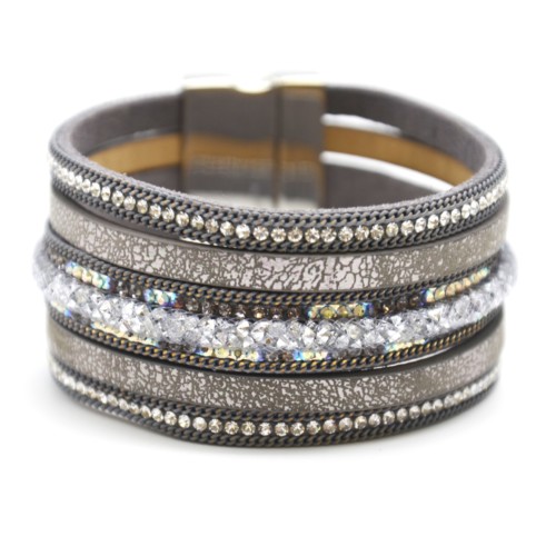 Bracelet-Manchette-Multi-Rangs-Simili-Cuir-Satine-Chaines-Strass-et-Tube-Resille-Cristaux-Gris