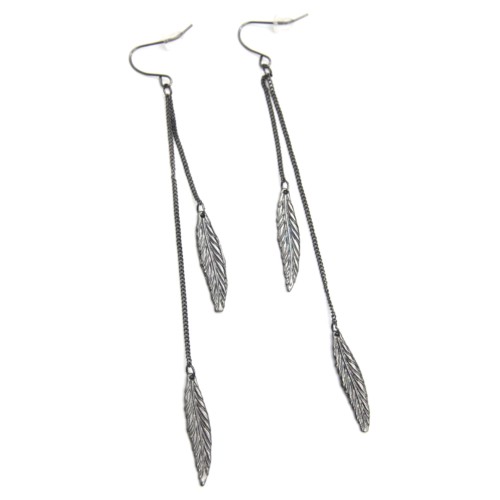 Boucles-dOreilles-Double-Chaines-et-Feuilles-Metal-Gris