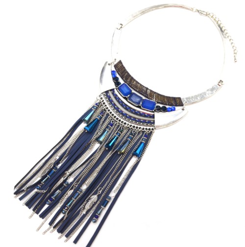 Collier-Plastron-Torque-Metal-Vieilli-Argente-avec-Pierres-Chaines-et-Franges-Ethnique-Bleu