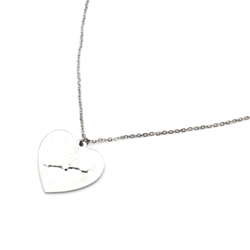 Collier-Fine-Chaine-Pendentif-Coeur-Love-Horloge-Chiffres-Romains-Acier-316L-Argente