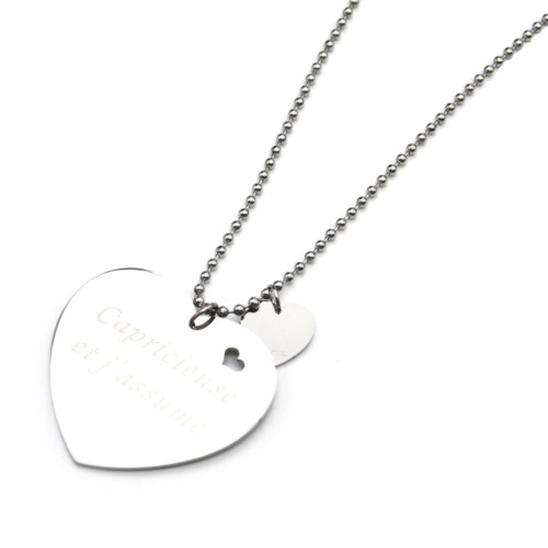 Sautoir-Collier-Chaine-Boules-Acier-Argente-avec-Pendentif-Coeur-Message-Capricieuse-et-jassume