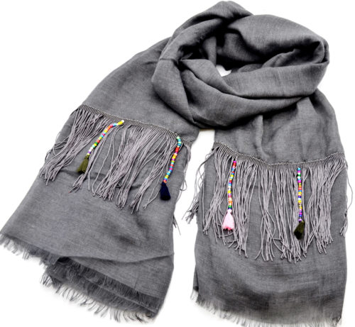 Foulard-Long-Automne-Hiver-Gris-Fonce-avec-Franges-Fils-Ethnique-Perles-et-Pompons-Multicolore