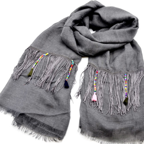 Foulard-Long-Automne-Hiver-Gris-Fonce-avec-Franges-Fils-Ethnique-Perles-et-Pompons-Multicolore