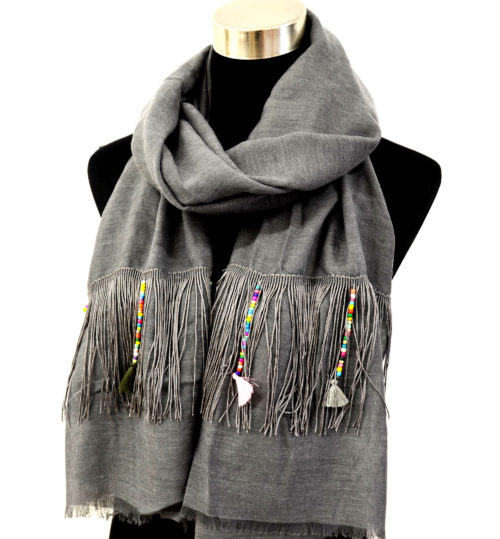 Foulard-Long-Automne-Hiver-Gris-Fonce-avec-Franges-Fils-Ethnique-Perles-et-Pompons-Multicolore