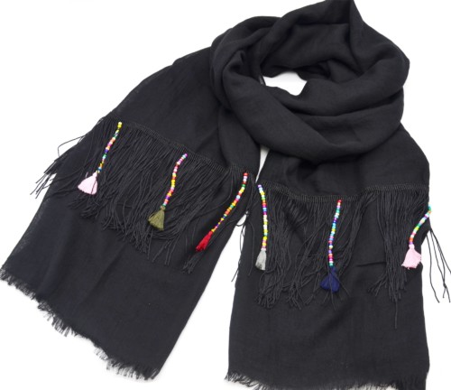 Foulard-Long-Automne-Hiver-Noir-avec-Fils-Ethnique-Perles-et-Pompons-Multicolore