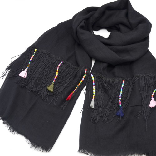 Foulard-Long-Automne-Hiver-Noir-avec-Fils-Ethnique-Perles-et-Pompons-Multicolore