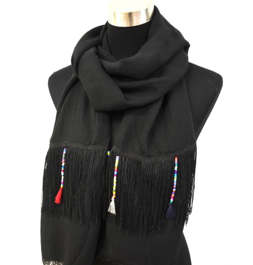 Foulard-Long-Automne-Hiver-Noir-avec-Fils-Ethnique-Perles-et-Pompons-Multicolore