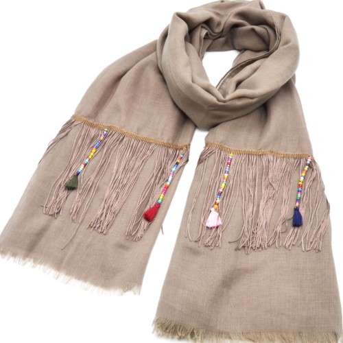 Foulard-Long-Automne-Hiver-Taupe-avec-Fils-Ethnique-Perles-et-Pompons-Multicolore