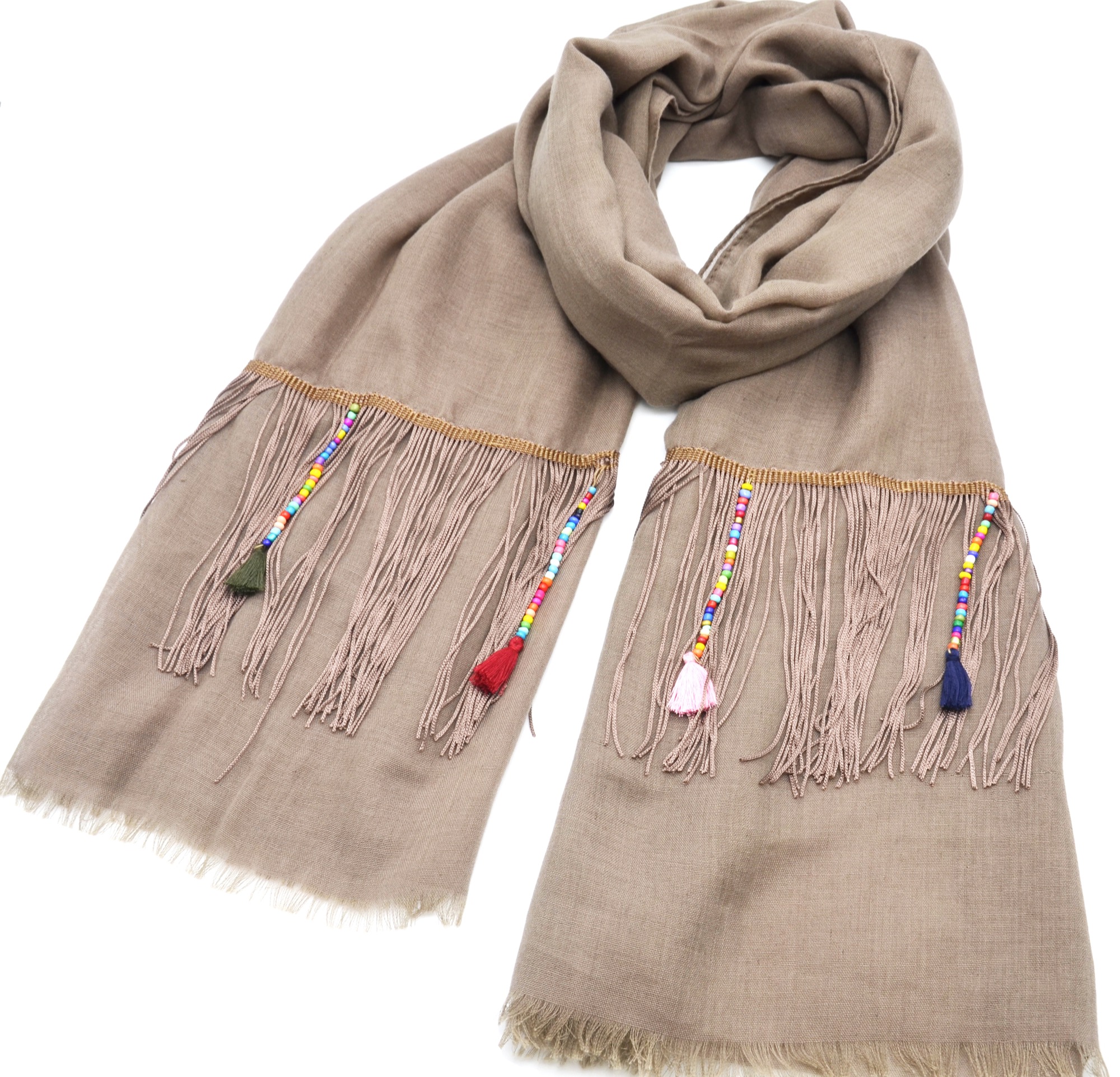 Pogo stick jump puff Asia PSV101 - Foulard Long Automne Hiver Taupe avec Fils Ethnique Perles et Pompons Multicolore - Oh My Shop Pogo stick jump puff Asia PSV101 - Foulard Long Automne Hiver Taupe avec Fils Ethnique Perles et Pompons Multicolore - Oh My Shop