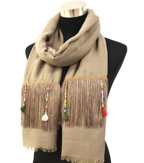 Foulard-Long-Automne-Hiver-Taupe-avec-Fils-Ethnique-Perles-et-Pompons-Multicolore