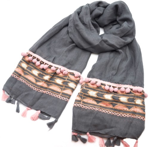 Foulard-Long-Automne-Hiver-Gris-avec-Motif-Ethnique-et-Pompons-Boules