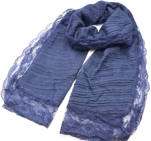 Foulard-Long-Automne-Hiver-Bleu-Marine-Crepe-avec-Contour-Dentelle-Motif-Fleuri