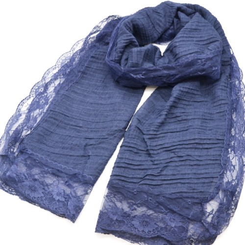 Foulard-Long-Automne-Hiver-Bleu-Marine-Crepe-avec-Contour-Dentelle-Motif-Fleuri