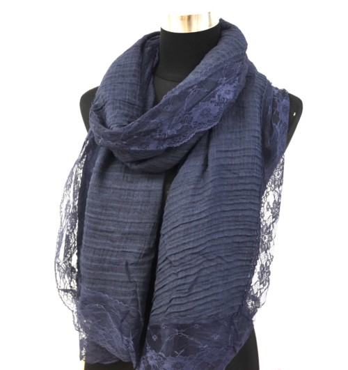 Foulard-Long-Automne-Hiver-Bleu-Marine-Crepe-avec-Contour-Dentelle-Motif-Fleuri