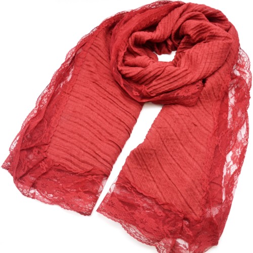 Foulard-Long-Automne-Hiver-Bordeaux-Crepe-avec-Contour-Dentelle-Motif-Fleuri