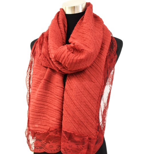 Foulard-Long-Automne-Hiver-Bordeaux-Crepe-avec-Contour-Dentelle-Motif-Fleuri