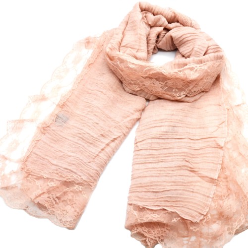 Foulard-Long-Automne-Hiver-Rose-Pale-Crepe-avec-Contour-Dentelle-Motif-Fleuri