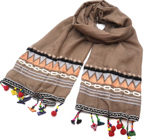 Foulard-Long-Automne-Hiver-Taupe-avec-Motif-Ethnique-Pompons-et-Perles-Multicolore