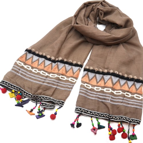 Foulard-Long-Automne-Hiver-Taupe-avec-Motif-Ethnique-Pompons-et-Perles-Multicolore