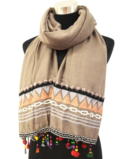 Foulard-Long-Automne-Hiver-Taupe-avec-Motif-Ethnique-Pompons-et-Perles-Multicolore