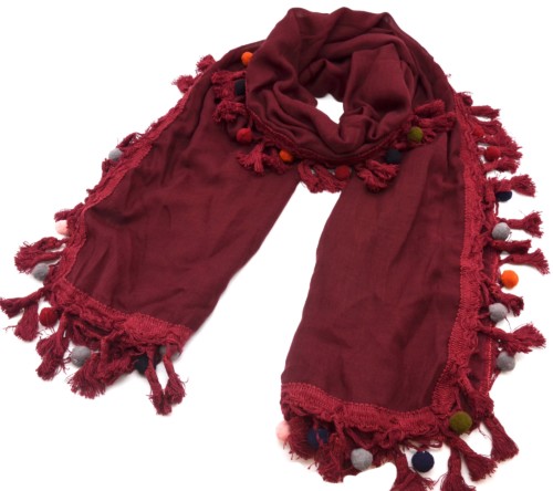 Foulard-Long-Automne-Hiver-Bordeaux-avec-Contour-Pompons-Fils-et-Boules-Multicolore