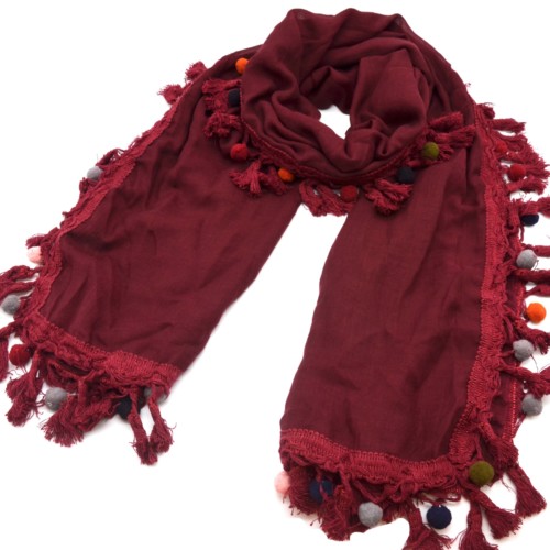 Foulard-Long-Automne-Hiver-Bordeaux-avec-Contour-Pompons-Fils-et-Boules-Multicolore