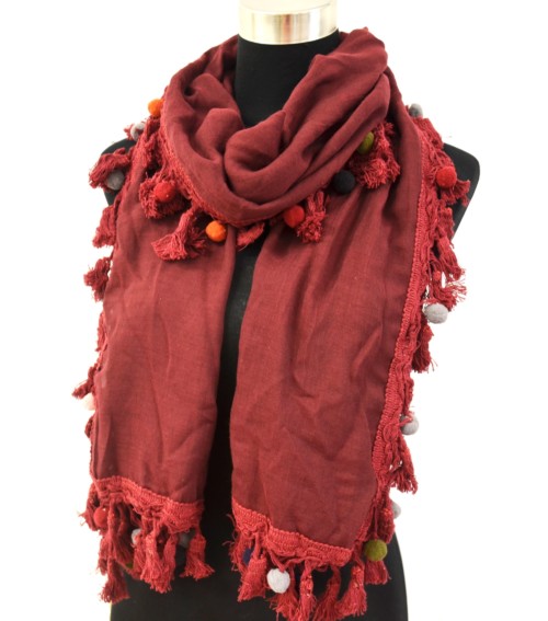 Foulard-Long-Automne-Hiver-Bordeaux-avec-Contour-Pompons-Fils-et-Boules-Multicolore