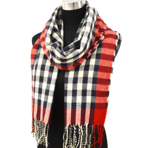 Scarf-long-autumn-winter-Motif-tiles-Style-Scots-with-fringes-blue-Navy