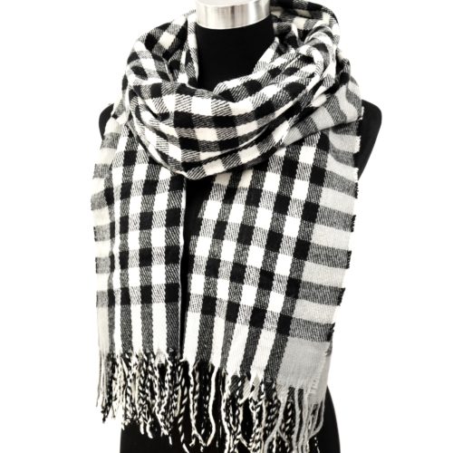 Scarf-long-autumn-winter-Motif-tiles-Style-Scots-with-fringes-black