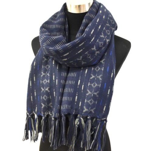 PSV109 - Echarpe Longue Automne Hiver avec Motif Ethnique Rayé et Franges Fils (Bleu Marine) – Image 2
