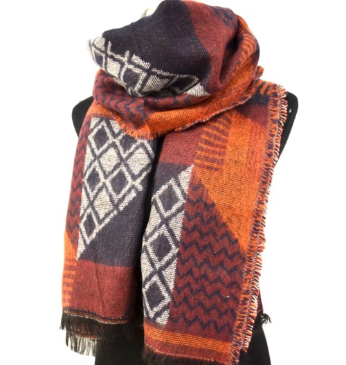 PSV111 - Echarpe Longue Automne Hiver avec Motifs Assortis Rayures Losanges Chevrons (Noir/Gris) – Image 2