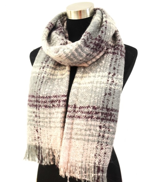 PSV113 - Echarpe Longue Automne Hiver Effet Bouclé avec Motif Ecossais (Rose) – Image 2