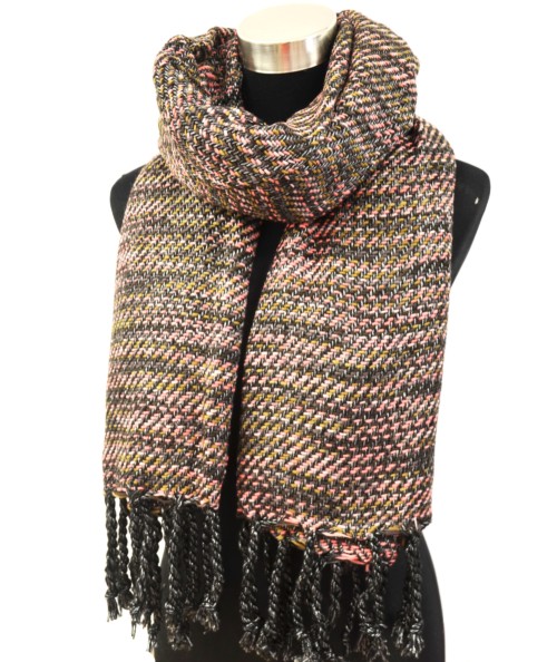 PSV117 - Echarpe Longue Automne Hiver Laine Effet Maille avec Fils Tressés Métallisés Bicolore (Rose) – Image 2