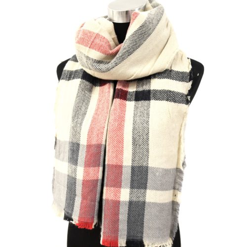 Echarpe-Longue-Automne-Hiver-Uni-Beige-Motif-Tartan-Rayures