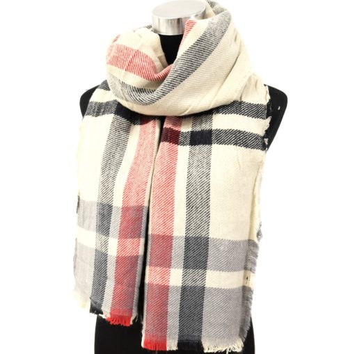 Echarpe-Longue-Automne-Hiver-Uni-Beige-Motif-Tartan-Rayures