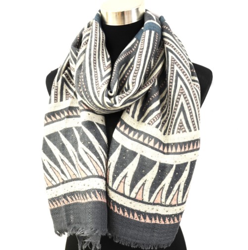 PSV98 - Foulard Long Automne Hiver Orné de Clous avec Motif Bandes Ethnique - Mode Femme (Gris) – Image 2