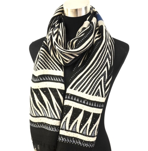 PSV98 - Foulard Long Automne Hiver Orné de Clous avec Motif Bandes Ethnique - Mode Femme (Noir) – Image 2