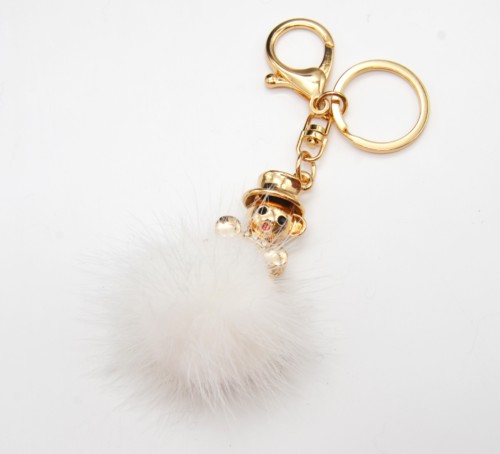 PT1131E - Porte-Clés / Bijou de Sac - Ourson Chapeau Métal Doré et Pompon Blanc – Image 2