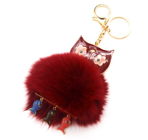 Porte-Cles-Bijou-de-Sac-Chat-Metal-Peint-et-Pompon-Fourrure-Bordeaux-avec-Petits-Poissons