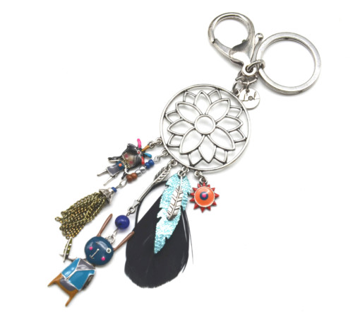 Porte-Cles-Bijou-de-Sac-Fleur-Rosace-Metal-avec-Charms-et-Plume-Ethnique