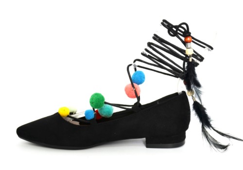 Ballerines-Effet-Daim-Uni-avec-Bout-Pointu-Petit-Talon-et-Lacet-Cordon-a-Nouer-Cheville-avec-Pompons-Multicolore-et-Plumes-Noir