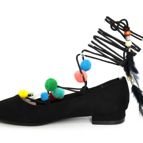 Ballerines-Effet-Daim-Uni-avec-Bout-Pointu-Petit-Talon-et-Lacet-Cordon-a-Nouer-Cheville-avec-Pompons-Multicolore-et-Plumes-Noir