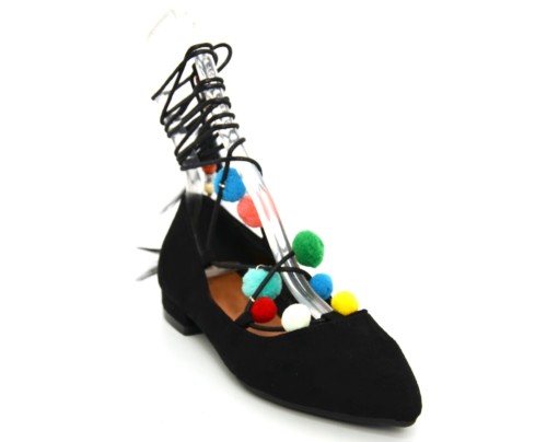 Ballerines-Effet-Daim-Uni-avec-Bout-Pointu-Petit-Talon-et-Lacet-Cordon-a-Nouer-Cheville-avec-Pompons-Multicolore-et-Plumes-Noir